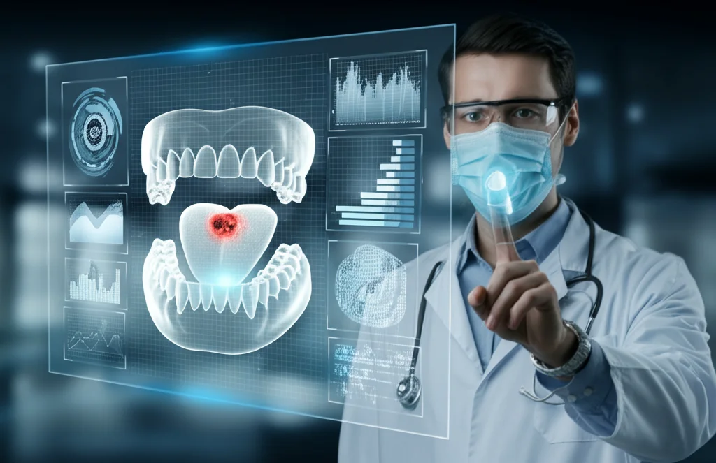 Ritratto fotografico di un medico specialista in patologie orali che osserva con sguardo concentrato uno schermo olografico futuristico. Sullo schermo sono visualizzati modelli 3D dettagliati di una mascella con una lesione, affiancati da grafici di analisi dati generati da un'intelligenza artificiale. Obiettivo prime 35mm, profondità di campo che sfoca leggermente lo sfondo mettendo a fuoco il medico e lo schermo, duotono blu e argento high-tech, illuminazione d'accento che evidenzia i dettagli olografici.