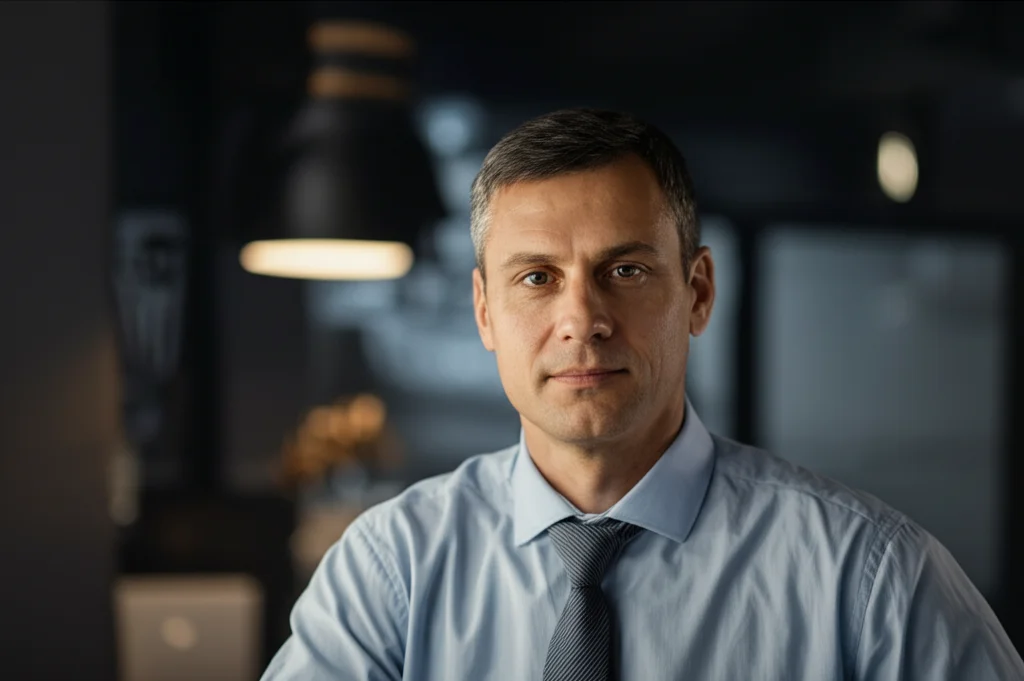 Ritratto fotografico realistico di un manager (metà dei 40 anni, etnia diversa) che guarda direttamente la telecamera con un misto di empatia e determinazione, sfondo dell'ufficio leggermente sfocato. Obiettivo Prime, 35mm, profondità di campo, illuminazione calda ma professionale.
