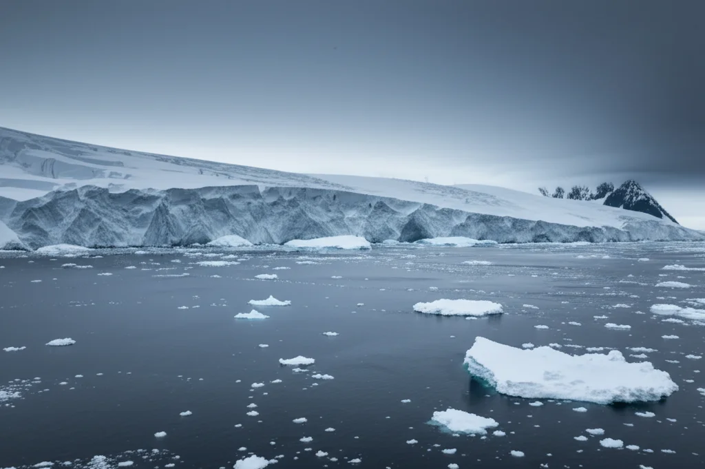 Veduta aerea drammatica, stile landscape wide-angle 20mm, della Piattaforma Wordie in Antartide durante il suo collasso, con enormi iceberg che si staccano dal fronte del ghiacciaio sotto un cielo nuvoloso, long exposure per acqua liscia, messa a fuoco nitida sul ghiaccio fratturato.
