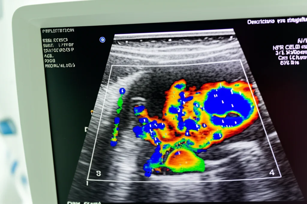 Descrizione dettagliata: Primo piano di un'ecografia avanzata (HFR CEUS con CVI) di un linfonodo superficiale su uno schermo medico, evidenziando i pattern di flusso sanguigno con colori e vettori, tecnologia medica all'avanguardia, obiettivo macro 100mm, alta definizione, illuminazione clinica controllata.