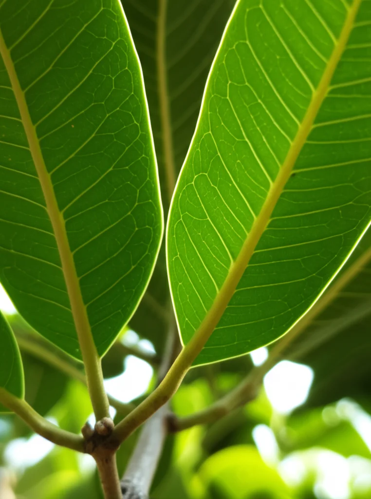 Foglie verdi brillanti dell'albero Mimusops caffra, fotografia macro, obiettivo 100mm, alta definizione, messa a fuoco precisa, illuminazione controllata e naturale che evidenzia le venature.