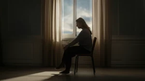 Immagine fotorealistica con obiettivo grandangolare (24mm) di una persona seduta da sola su una sedia in una stanza ampia e con luce soffusa, che guarda pensierosa fuori da una finestra. La scena trasmette un senso di introspezione, solitudine e il peso emotivo associato al dolore cronico e alle aspettative sulle terapie. Messa a fuoco nitida sulla persona, sfondo leggermente sfocato, effetto di lunga esposizione sulle nuvole visibili fuori dalla finestra per aggiungere un tocco malinconico.