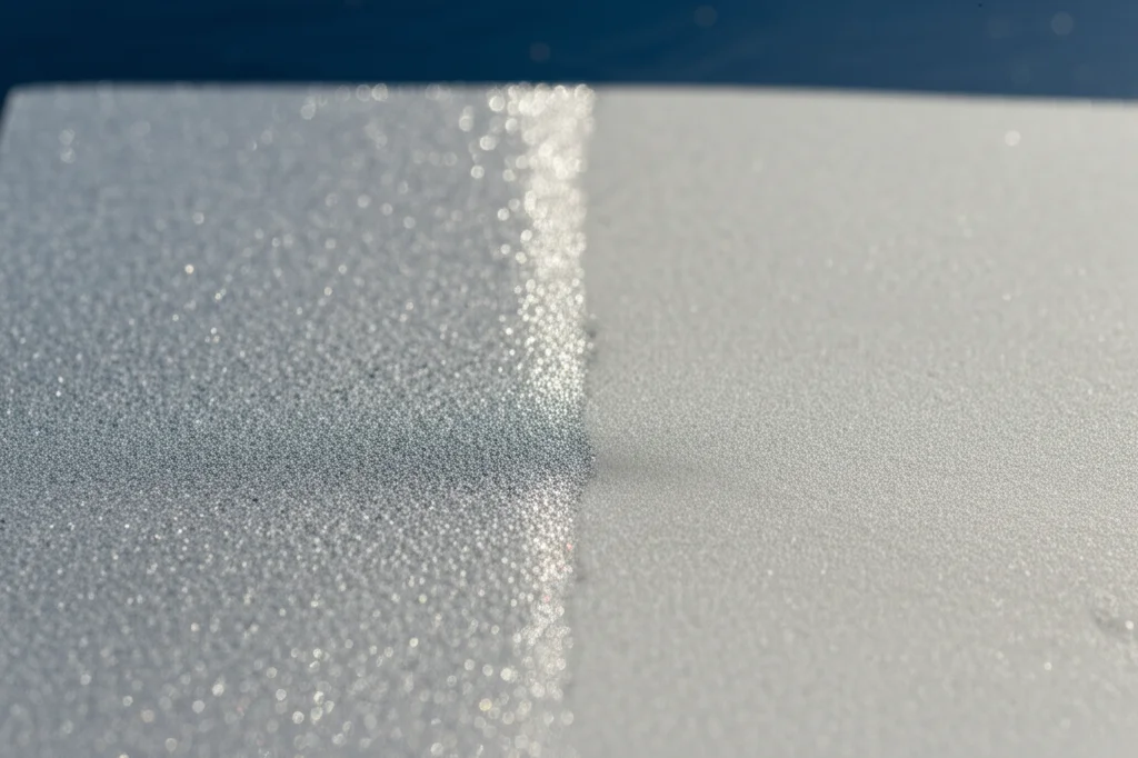 Immagine fotorealistica di un campione dell'idrogel ASPIRE che mostra la sua texture unica, metà esposta al sole diretto e metà all'ombra, con una leggera condensa visibile sulla superficie più fredda, obiettivo macro 70mm, luce diurna naturale, alta definizione, per rappresentare la tecnologia di raffreddamento passivo.