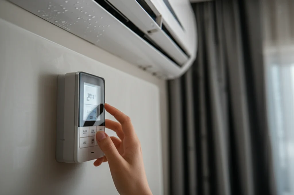 Immagine fotorealistica di un condizionatore d'aria moderno montato su una parete in un appartamento elegante negli Emirati Arabi Uniti, con gocce di condensa visibili. Accanto, una mano regola il termostato. Obiettivo 50mm, profondità di campo media, luce naturale dalla finestra.