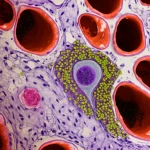 Immagine macro fotorealistica di un alveolo polmonare infiammato con neutrofili migranti visibili tra le cellule epiteliali ed endoteliali, obiettivo macro 105mm, alta definizione, illuminazione drammatica laterale che evidenzia l'edema interstiziale, dettagli precisi delle membrane cellulari e dei neutrofili con pseudopodi.
