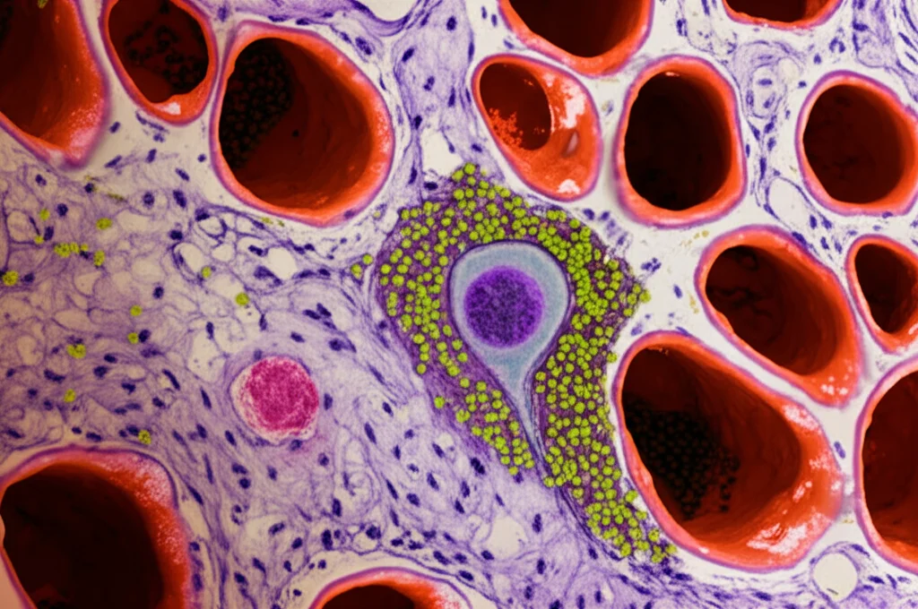 Immagine macro fotorealistica di un alveolo polmonare infiammato con neutrofili migranti visibili tra le cellule epiteliali ed endoteliali, obiettivo macro 105mm, alta definizione, illuminazione drammatica laterale che evidenzia l'edema interstiziale, dettagli precisi delle membrane cellulari e dei neutrofili con pseudopodi.