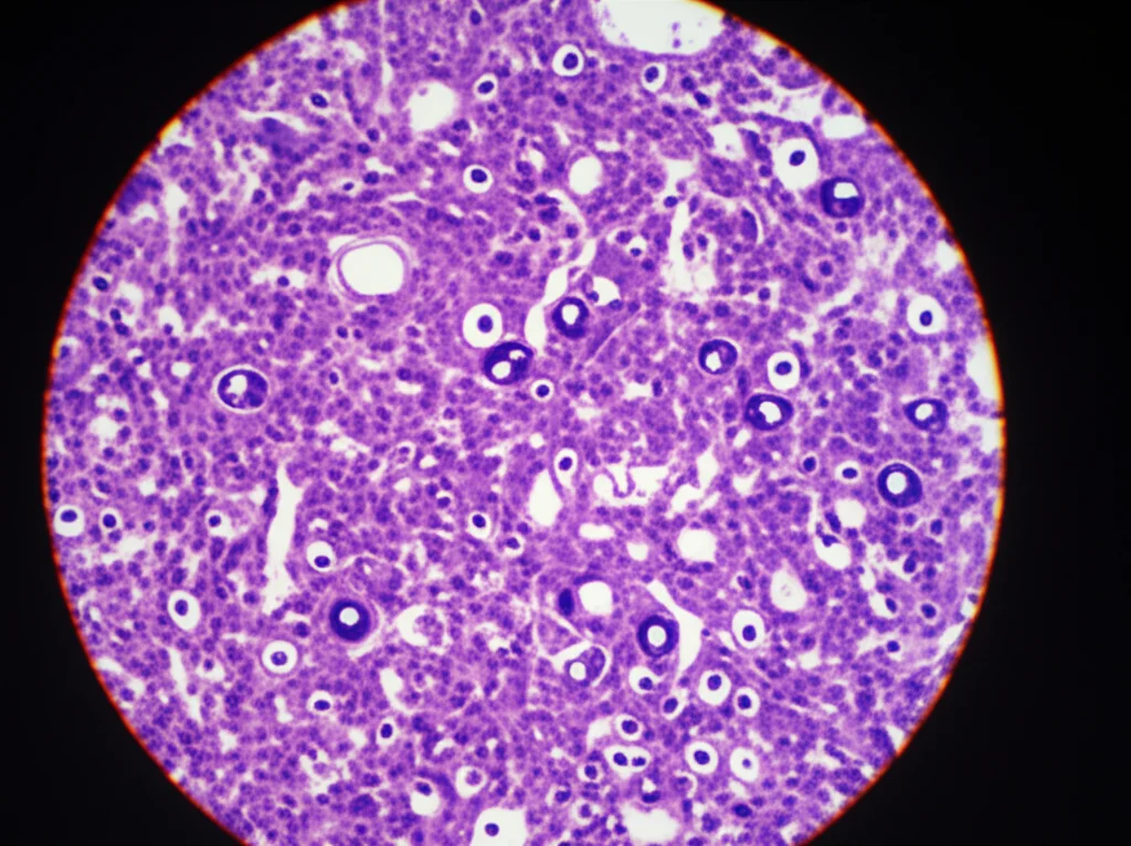 Macro fotografia, obiettivo 90mm, di cellule di carcinoma neuroendocrino colorate per istopatologia viste al microscopio, alta definizione, messa a fuoco precisa sui nuclei pleomorfi e nucleoli evidenti, illuminazione controllata da laboratorio.
