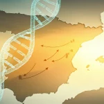 Mappa stilizzata della Penisola Iberica con frecce che indicano antiche migrazioni e sovrapposta una doppia elica di DNA luminosa. Obiettivo grandangolare 24mm, effetto leggermente sognante, colori caldi del tramonto.