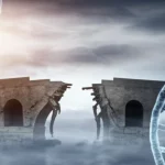 Visualizzazione artistica fotorealistica di un antico ponte di pietra parzialmente crollato che collega due sponde simboliche, una rappresentante l'Iberia medievale e l'altra il Nord Africa. Sovrapposta al ponte, una doppia elica di DNA luminosa. Landscape wide angle, 20mm, luce drammatica dell'alba con nebbia bassa, focus nitido sulla struttura del ponte e sulla texture della pietra antica.