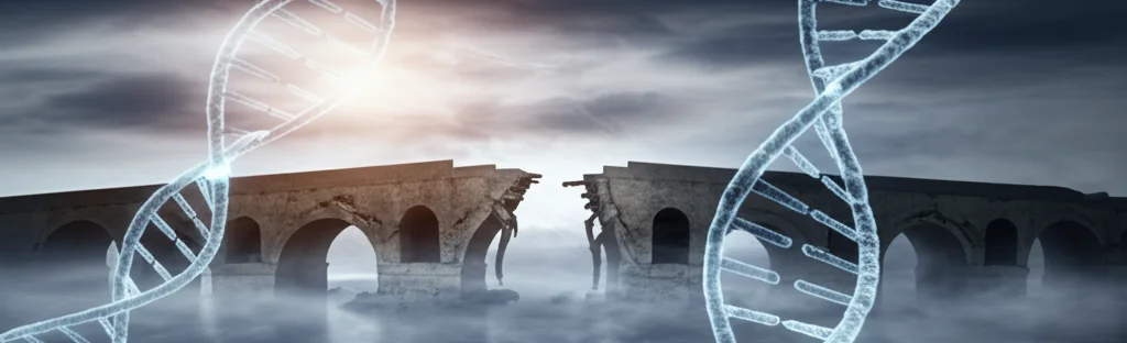 Visualizzazione artistica fotorealistica di un antico ponte di pietra parzialmente crollato che collega due sponde simboliche, una rappresentante l'Iberia medievale e l'altra il Nord Africa. Sovrapposta al ponte, una doppia elica di DNA luminosa. Landscape wide angle, 20mm, luce drammatica dell'alba con nebbia bassa, focus nitido sulla struttura del ponte e sulla texture della pietra antica.