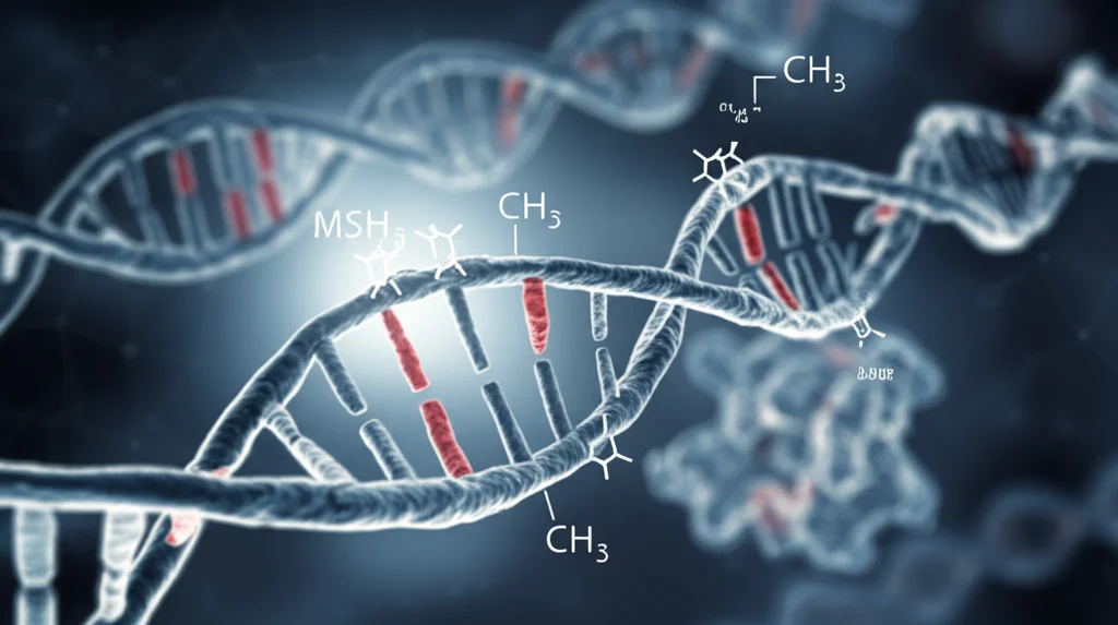 Concetto visivo astratto che rappresenta la complessità della ricerca genetica sulla metilazione del DNA e l'instabilità delle ripetizioni in malattie come X Fragile e Atassia di Friedreich. Eliche di DNA stilizzate con regioni evidenziate per le ripetizioni e simboli di metilazione (CH3), con la proteina MSH2 sfocata sullo sfondo. Illuminazione drammatica, obiettivo prime 35mm, profondità di campo selettiva, tonalità blu e grigio duotone.