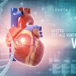 Illustrazione medica dettagliata del cuore umano che mostra un Difetto Settale Ventricolare (VSD), con un'elica di DNA sovrapposta in modo trasparente, simboleggiando la base genetica della condizione. Illuminazione focalizzata sul cuore, sfondo leggermente sfocato, alta definizione.