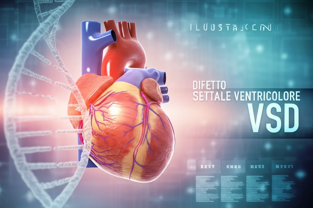 Illustrazione medica dettagliata del cuore umano che mostra un Difetto Settale Ventricolare (VSD), con un'elica di DNA sovrapposta in modo trasparente, simboleggiando la base genetica della condizione. Illuminazione focalizzata sul cuore, sfondo leggermente sfocato, alta definizione.