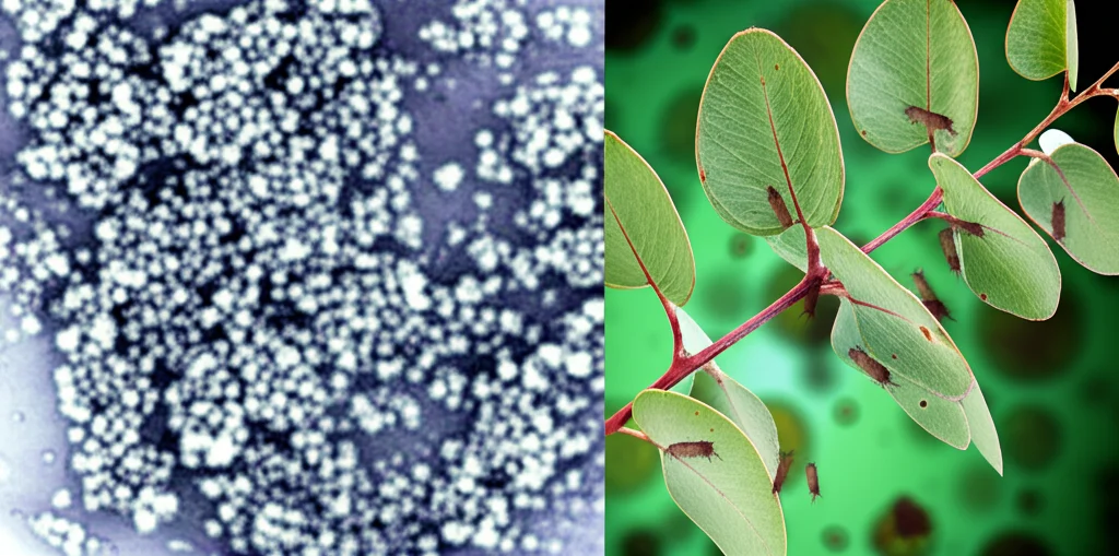 Immagine composita fotorealistica: Da un lato, vista macro (obiettivo 100mm, alto dettaglio) di scintillanti nanoparticelle di MgO/ZrO2; dall'altro, una rigogliosa foglia di Eucalyptus camaldulensis. Sullo sfondo, leggermente sfocata, una rappresentazione dei parassiti Plasmodium al microscopio. Illuminazione controllata.