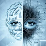 Immagine concettuale che mostra un cervello umano digitale stilizzato a metà, una metà analizzata da linee di codice e grafici (simbolo dell'AI), l'altra metà osservata da un occhio umano attento, lente prime 50mm, sfondo astratto con toni blu e grigi duotone, profondità di campo.