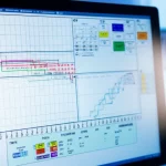 Immagine fotorealistica di un grafico nomogramma complesso visualizzato su uno schermo di computer in un laboratorio di ricerca medica moderno. Dettagli nitidi sulle scale e variabili prognostiche. Lente macro 100mm, illuminazione controllata per evidenziare la precisione dei dati.