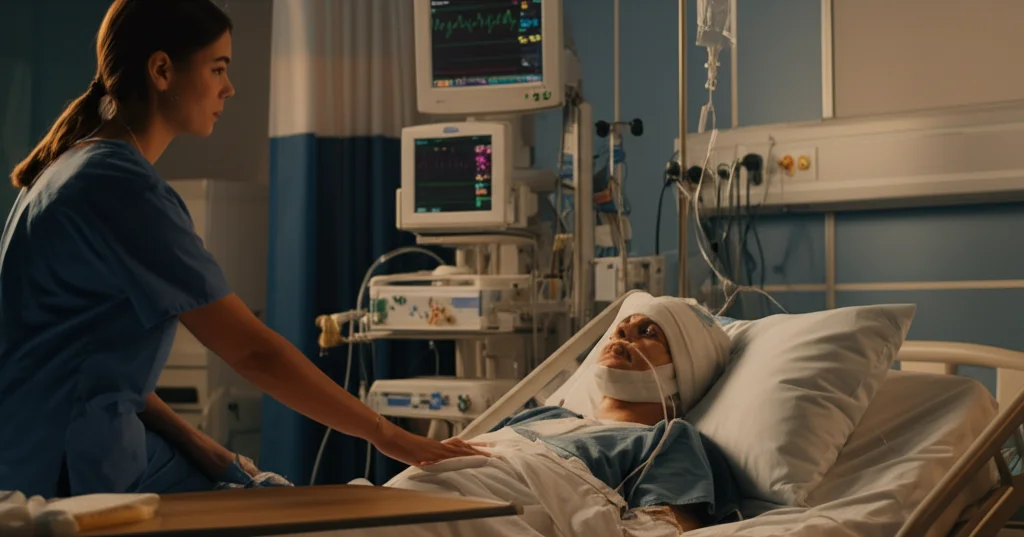 Immagine fotorealistica di un paziente in recupero post-operatorio da trauma cranico in un letto d'ospedale high-tech, assistito da un infermiere attento che controlla i parametri vitali su un monitor e la pompa per la nutrizione enterale. Luce soffusa e calda nella stanza, obiettivo prime 50mm, profondità di campo che sfoca leggermente lo sfondo mettendo a fuoco paziente e infermiere.