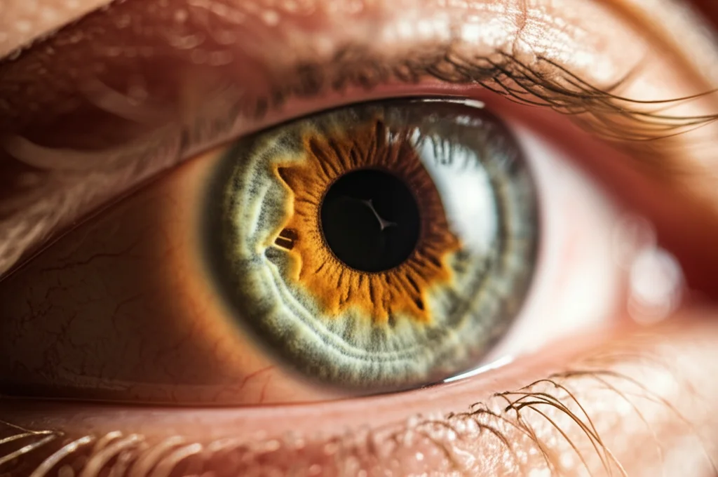 Immagine macro ad alta definizione di un occhio umano che mostra chiaramente la cornea trasparente e l'iride, con una luce laterale che ne evidenzia la texture e la trasparenza. Macro lens, 100mm, high detail, precise focusing.