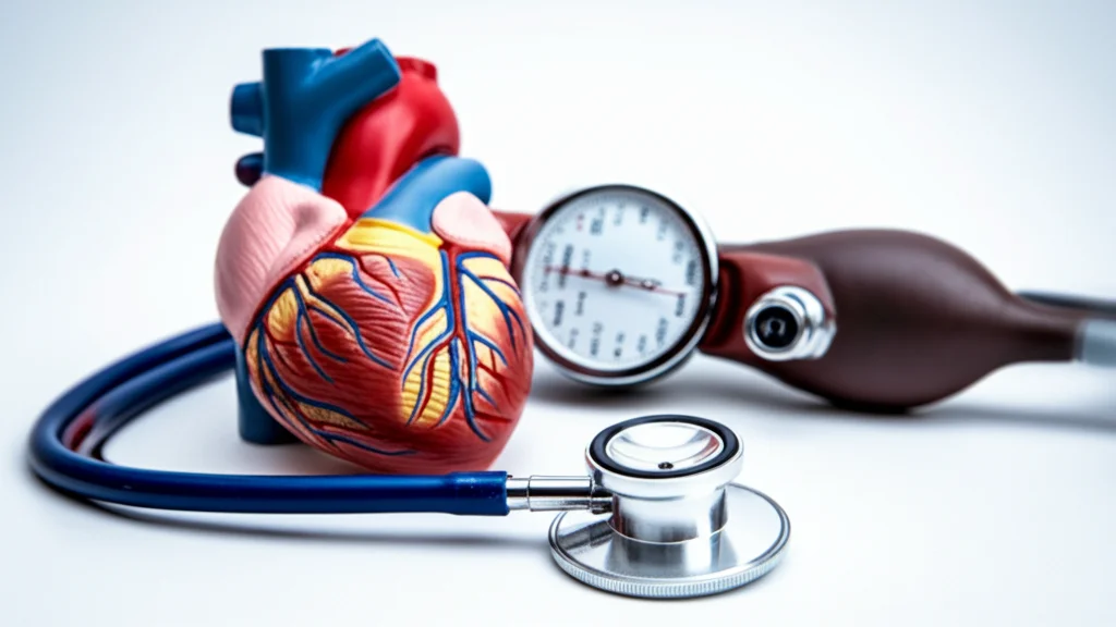 Lente principale, stile di ritratto da 35 mm, profondità di campo, primo piano su uno stetoscopio appoggiato delicatamente su un modello anatomico di un cuore umano, sottili duotoni rossi e blu che simboleggiano la pressione sanguigna (alta/bassa) e la natura critica della ricerca sulla salute cardiovascolare basata sui dati GBD 2021.