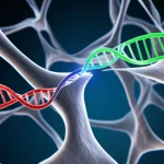 Macro fotografia, 60mm lens, che mostra una visualizzazione artistica di una molecola di microRNA (hsa-miR-32-3p) che si lega a un filamento di mRNA (TNFSF11) sovrapposta a una immagine stilizzata e traslucida di una struttura ossea trabecolare. Illuminazione controllata e drammatica per evidenziare l'interazione molecolare, high detail, precise focusing.