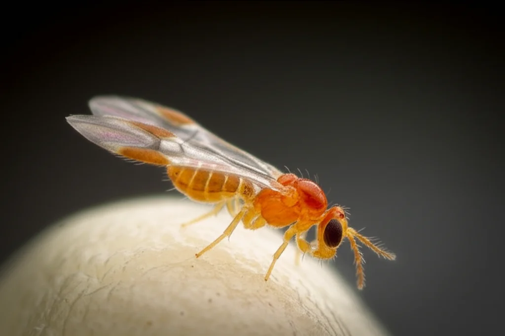 Primissimo piano di una vespa Trichogramma dendrolimi, obiettivo macro 105mm, che emerge da un uovo di lepidottero ospite. Illuminazione drammatica laterale che crea ombre profonde, altissimo dettaglio sulle antenne e sulle venature delle ali trasparenti, sfondo sfocato.
