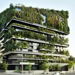 Visione futuristica di un edificio intelligente perfettamente integrato in un ambiente urbano verde, facciata con giardini verticali e pannelli solari, fotografia di architettura, lente grandangolare 20mm, focus nitido, luce naturale del tardo pomeriggio che crea ombre morbide, concetto di sostenibilità e tecnologia avanzata.