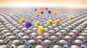 Illustrazione artistica fotorealistica di elettroni con spin diversi (rappresentati da frecce colorate) che interagiscono all'interfaccia tra grafene (struttura a nido d'ape) e un superconduttore d-wave (superficie cristallina). Effetti di luce quantistica, macro lens 60mm, high detail, controlled lighting.