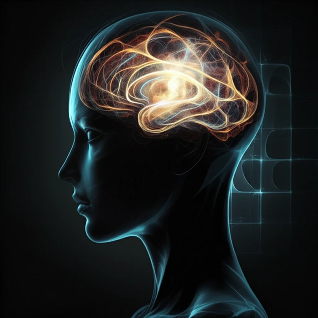 Immagine concettuale fotorealistica che rappresenta onde sonore astratte trasformarsi in pattern neurali luminosi e complessi all'interno di una silhouette trasparente di testa umana vista di profilo, simboleggiando il discorso interiore, l'internalizzazione e la complessità della mente. Sfondo scuro, illuminazione drammatica interna alla silhouette, obiettivo 50mm, stile high-tech.