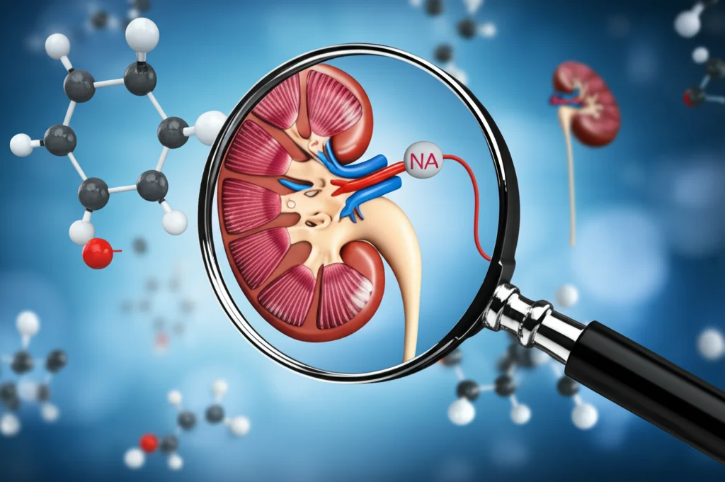 Immagine concettuale medica che illustra la connessione tra un aneurisma cerebrale stilizzato (nel cervello), un rene stilizzato e molecole di glucosio e trigliceridi. L'immagine dovrebbe suggerire un legame predittivo. Utilizzare una lente macro 100mm per dettagli elevati su modelli molecolari e cellulari, con illuminazione controllata per creare un'atmosfera clinica ma suggestiva.