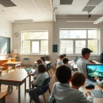 Immagine fotorealistica che contrappone un'aula scolastica tradizionale con lavagna e banchi a un ambiente di apprendimento digitale con studenti che usano tablet e computer per esperimenti scientifici virtuali. Obiettivo grandangolare 24mm per catturare entrambi gli ambienti, luce naturale che entra dalle finestre.