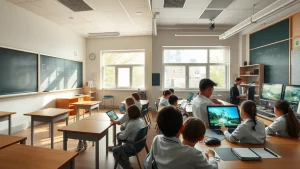 Immagine fotorealistica che contrappone un'aula scolastica tradizionale con lavagna e banchi a un ambiente di apprendimento digitale con studenti che usano tablet e computer per esperimenti scientifici virtuali. Obiettivo grandangolare 24mm per catturare entrambi gli ambienti, luce naturale che entra dalle finestre.