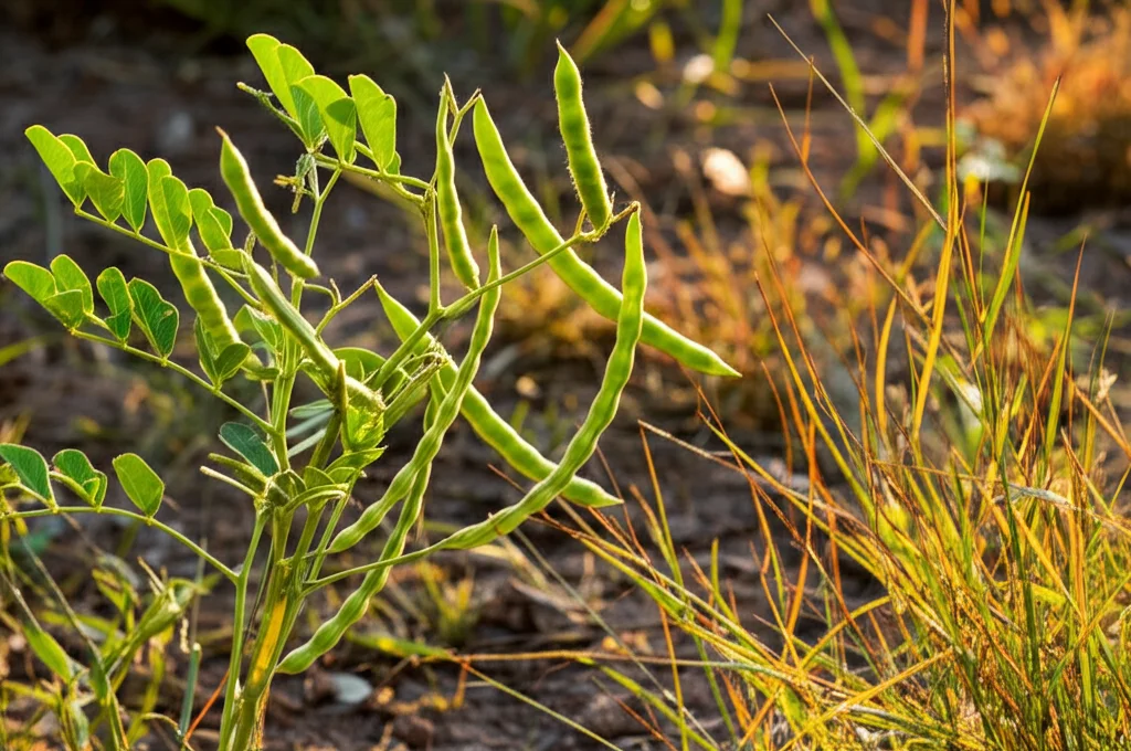 Immagine fotorealistica, obiettivo 35mm, che mostra una pianta di Cajanus cajan sana con i suoi baccelli caratteristici, che cresce accanto a ciuffi vibranti di Eragrostis curvula in un terreno dall'aspetto fertile. La profondità di campo è ridotta per mettere a fuoco l'interazione tra le due piante, la luce è quella calda e naturale del tardo pomeriggio.