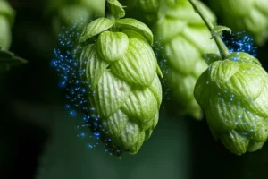 Macro fotografia di coni di luppolo freschi e verdi, illuminazione controllata, alta definizione, obiettivo macro 100mm, con sottili scintille bluastre eteree che simboleggiano i campi elettrici pulsati avvolgere delicatamente i coni.