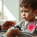 Un bambino dall'aspetto sano ma leggermente preoccupato mentre un medico misura la sua pressione sanguigna con uno sfigmomanometro pediatrico. In sovrimpressione, una delicata rappresentazione grafica della molecola SIRT1 vicino al cuore del bambino. Prime lens, 35mm portrait, depth of field, luce naturale morbida.