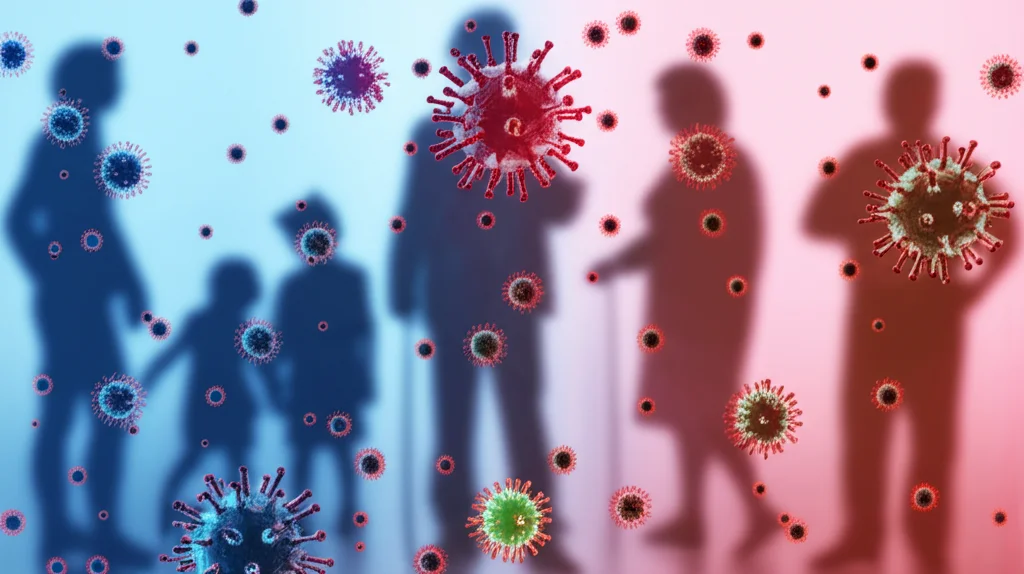 Visualizzazione astratta e fotorealistica di particelle virali dell'influenza (sfere stilizzate con spicole) sospese nell'aria, con sfumature di colore che cambiano dal blu freddo (bassa umidità/temperatura) al rosso caldo (alta umidità/temperatura). Sullo sfondo, sagome sfocate di persone di diverse età (bambini, adulti, anziani). Obiettivo prime 35mm, profondità di campo accentuata, effetto filmico leggero.