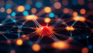 Concetto astratto di intelligenza artificiale che analizza dati complessi visualizzati come una rete neurale luminosa. Un punto dati rosso brillante (anomalia) è evidenziato, con linee luminose che ne indicano le feature devianti e la trasformazione necessaria per normalizzarlo. Stile fotorealistico, illuminazione drammatica blu e arancione (duotone), obiettivo 50mm prime, profondità di campo selettiva sull'anomalia.