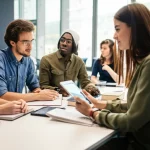 Gruppo eterogeneo di studenti di medicina impegnati in una sessione di Problem-Based Learning (PBL), alcuni concentrati su libri e tablet, altri in discussione animata attorno a un tavolo. Aula universitaria moderna e luminosa, obiettivo prime 35mm, profondità di campo media, luce naturale, stile fotorealistico.