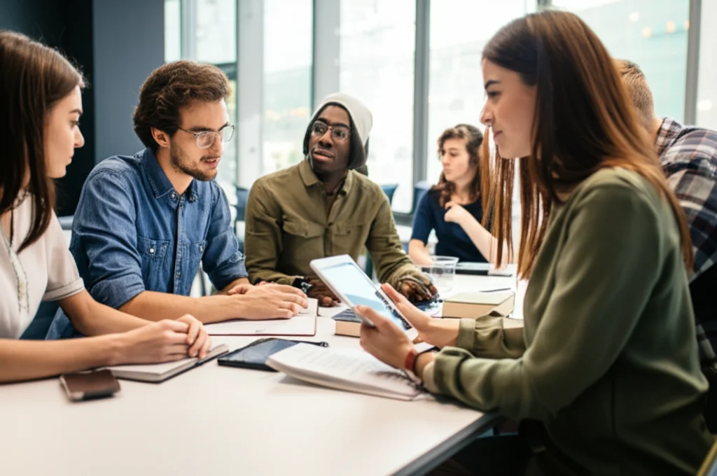 Gruppo eterogeneo di studenti di medicina impegnati in una sessione di Problem-Based Learning (PBL), alcuni concentrati su libri e tablet, altri in discussione animata attorno a un tavolo. Aula universitaria moderna e luminosa, obiettivo prime 35mm, profondità di campo media, luce naturale, stile fotorealistico.