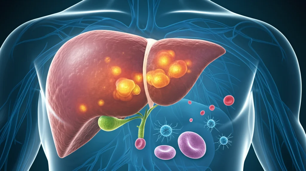 Immagine concettuale del fegato umano con aree evidenziate che mostrano accumulo di grasso (steatosi) e infiammazione, con globuli bianchi (neutrofili) e piastrine stilizzati in primo piano. Prime lens, 35mm, Depth of field, luce soffusa e drammatica.