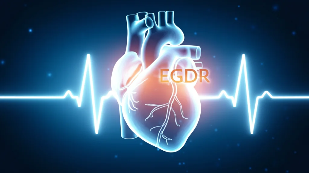 Immagine concettuale del tasso stimato di smaltimento del glucosio (eGDR) visualizzato come un grafico protettivo luminoso sopra un cuore umano stilizzato, simboleggiando la previsione del rischio cardiovascolare e la salute metabolica. Macro lens, 85mm, high detail, controlled lighting, focus sul grafico eGDR e sul cuore.
