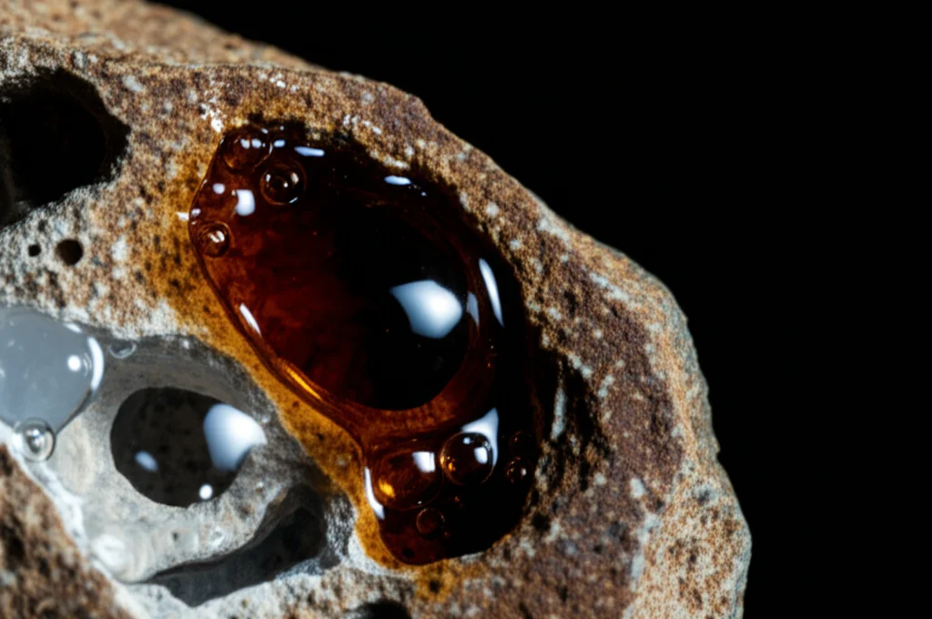 Immagine fotorealistica di un campione di roccia arenaria porosa parzialmente saturata con petrolio scuro e acqua chiara, con una sostanza gelatinosa (idrogel di xantano) che blocca selettivamente i pori contenenti acqua. Illuminazione drammatica laterale che enfatizza le texture, obiettivo macro 90mm, alta definizione dei dettagli della roccia, dei fluidi e dell'interfaccia con l'idrogel.