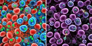 Un'immagine concettuale fotorealistica che mostra un confronto fianco a fianco tra il microambiente tumorale di un cancro del colon-retto precoce (sinistra, vibrante, ricco di cellule immunitarie attive - rosse, blu, verdi - e TLS mature indicate da strutture circolari organizzate) e uno avanzato (destra, più scuro, con meno cellule immunitarie, cellule tumorali dominanti - viola - e TLS immature o assenti). Visualizzazione 3D con dettagli cellulari, illuminazione drammatica che evidenzia le differenze, stile scientific illustration.
