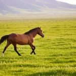 Cavallo al galoppo in un ampio pascolo verde dello Xinjiang al tramonto, fotografia sportiva con teleobiettivo zoom 200mm, catturando il movimento con alta velocità dell'otturatore e tracciamento del movimento, simboleggiando la vitalità dell'industria equina e la necessità di pratiche sostenibili.