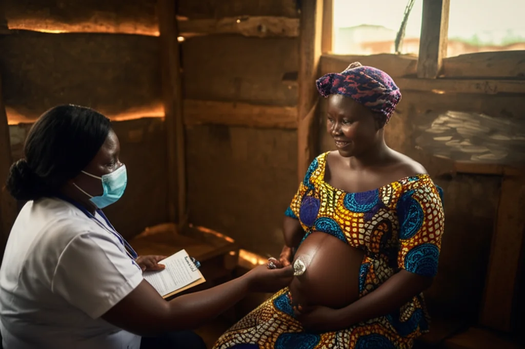 Donna incinta africana sorridente durante una visita prenatale in una clinica in Ghana, luce naturale, obiettivo da 35mm, profondità di campo, colori caldi, che simboleggia la salute materna e l'importanza dei controlli precoci.