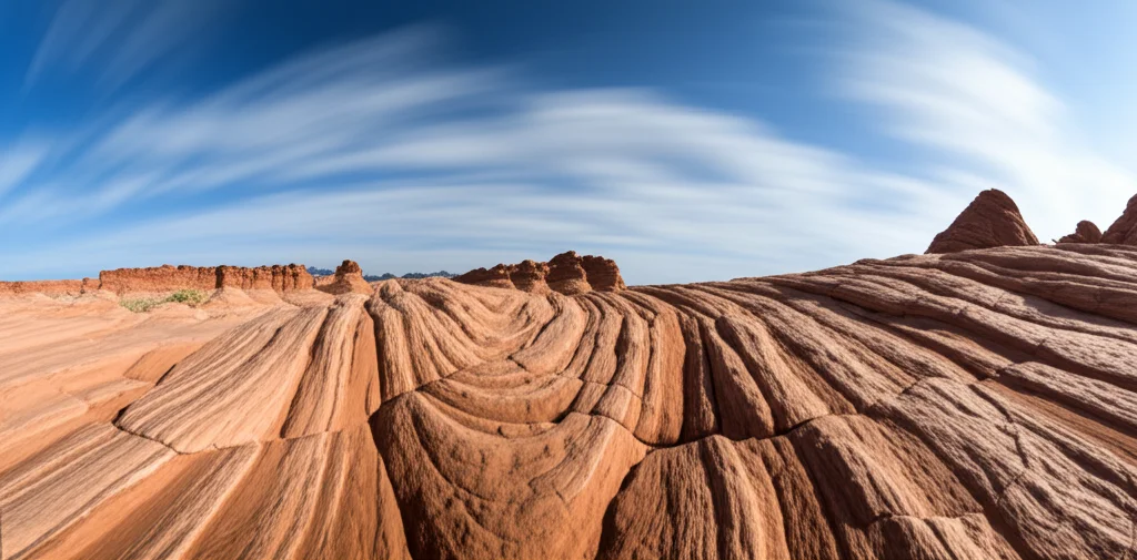 Il paesaggio grandangolare, il paesaggio, la lente grandangolare da 15 mm, che mostra una drammatica formazione di roccia di arenaria con motivi di frattura parallela visibili sotto un cielo chiaro, una lunga esposizione per nuvole lisce, una forte attenzione sulla consistenza della roccia, enfatizzando i processi geologici naturali.