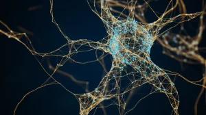 Immagine concettuale astratta di una rete neurale luminosa che si espande, con nodi collegati che rappresentano entità e relazioni in un knowledge graph, colori blu elettrico e oro contrastanti con uno sfondo scuro, stile high-tech, obiettivo grandangolare 20mm, messa a fuoco nitida, alta definizione.