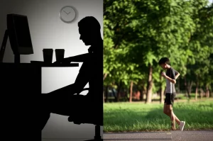 Immagine concettuale che mostra la silhouette di una persona divisa a metà: da un lato uno stile di vita stressante e sedentario (scrivania, computer), dall'altro uno stile di vita attivo e sano (corsa nel parco). Illuminazione drammatica, obiettivo 35mm, profondità di campo.