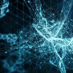 Immagine fotorealistica di strutture molecolari luminose intrecciate che rappresentano complesse interazioni farmacologiche analizzate da un'interfaccia AI, obiettivo prime 50mm, profondità di campo, tonalità duotone blu e ciano, a simboleggiare la previsione avanzata.