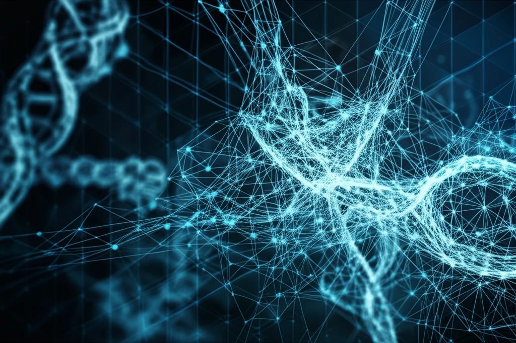 Immagine fotorealistica di strutture molecolari luminose intrecciate che rappresentano complesse interazioni farmacologiche analizzate da un'interfaccia AI, obiettivo prime 50mm, profondità di campo, tonalità duotone blu e ciano, a simboleggiare la previsione avanzata.