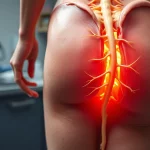 Immagine fotorealistica di una dissezione anatomica della regione glutea e della coscia posteriore che evidenzia il nervo sciatico nel suo percorso, obiettivo prime 35mm, illuminazione da studio che crea ombre morbide, focus selettivo sul nervo, contesto di laboratorio anatomico con strumenti di dissezione visibili sullo sfondo.